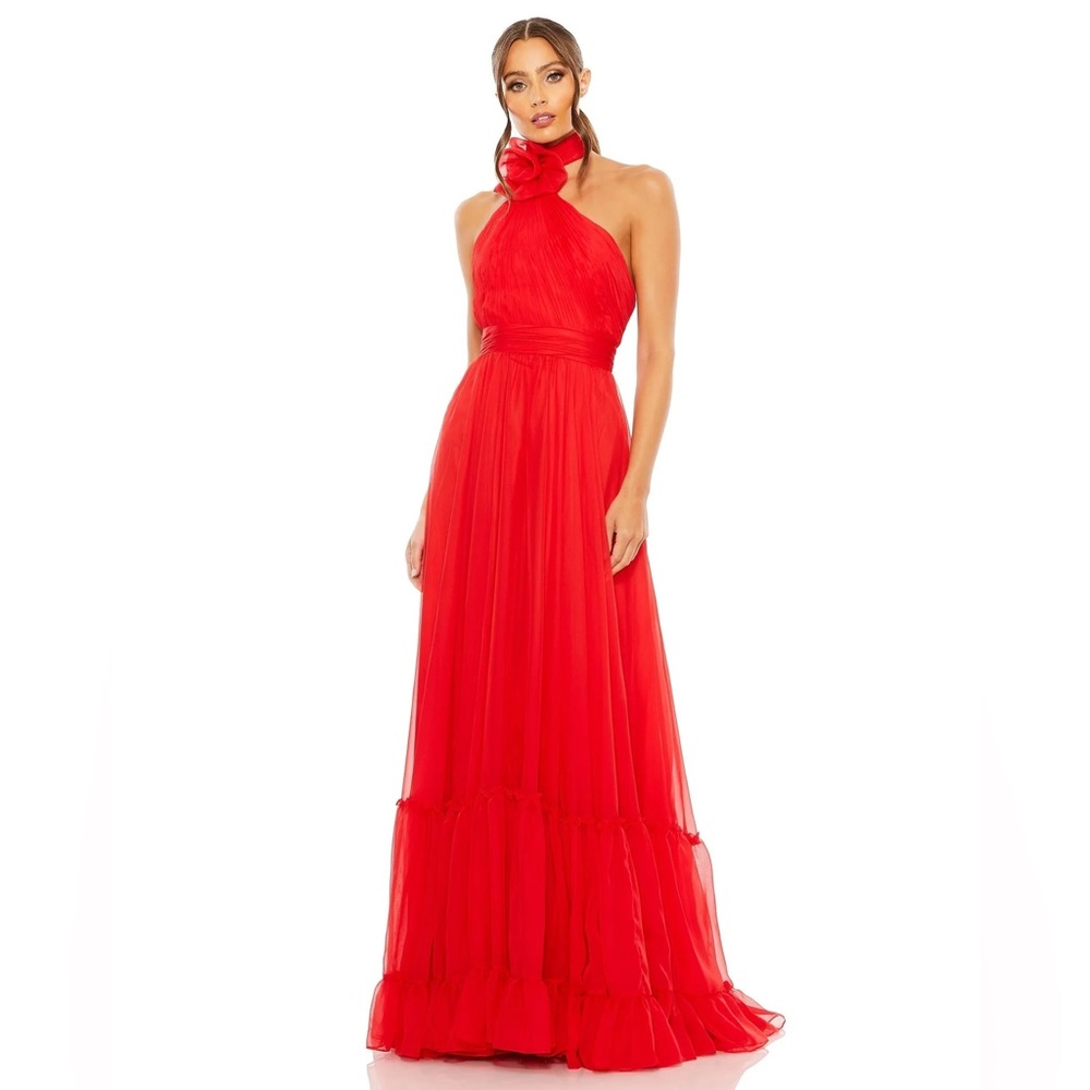 New! Mac Duggal Size 4 Red Asymmetrical Halter Neck Tiered A Line Gown 68209